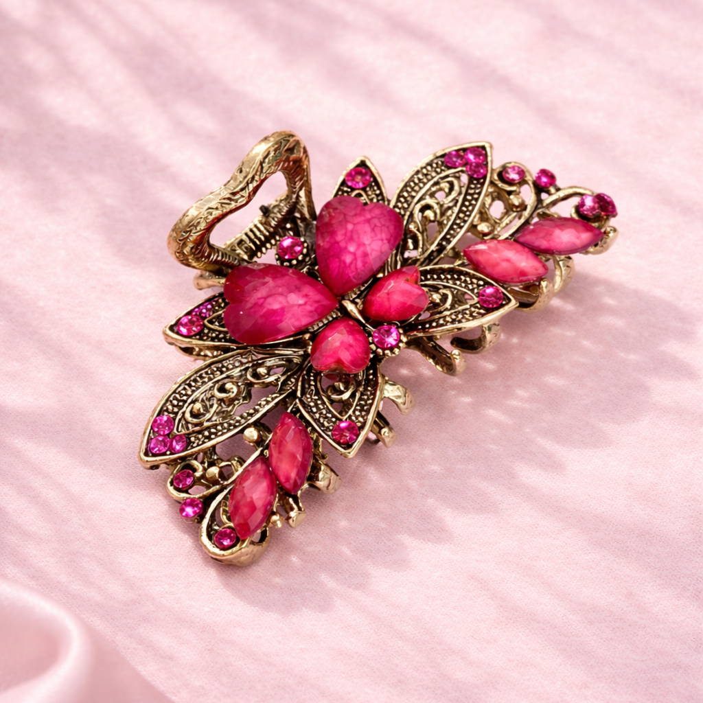 Vintage kovový skřipec do vlasů s růžovými kameny3